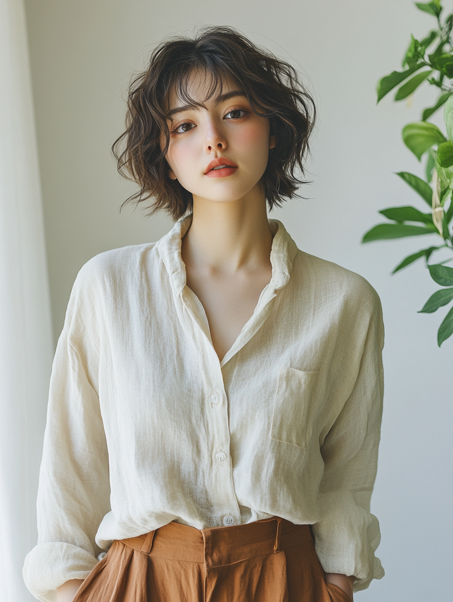 束感ショートボブ×リネンシャツ×テラコッタパンツ