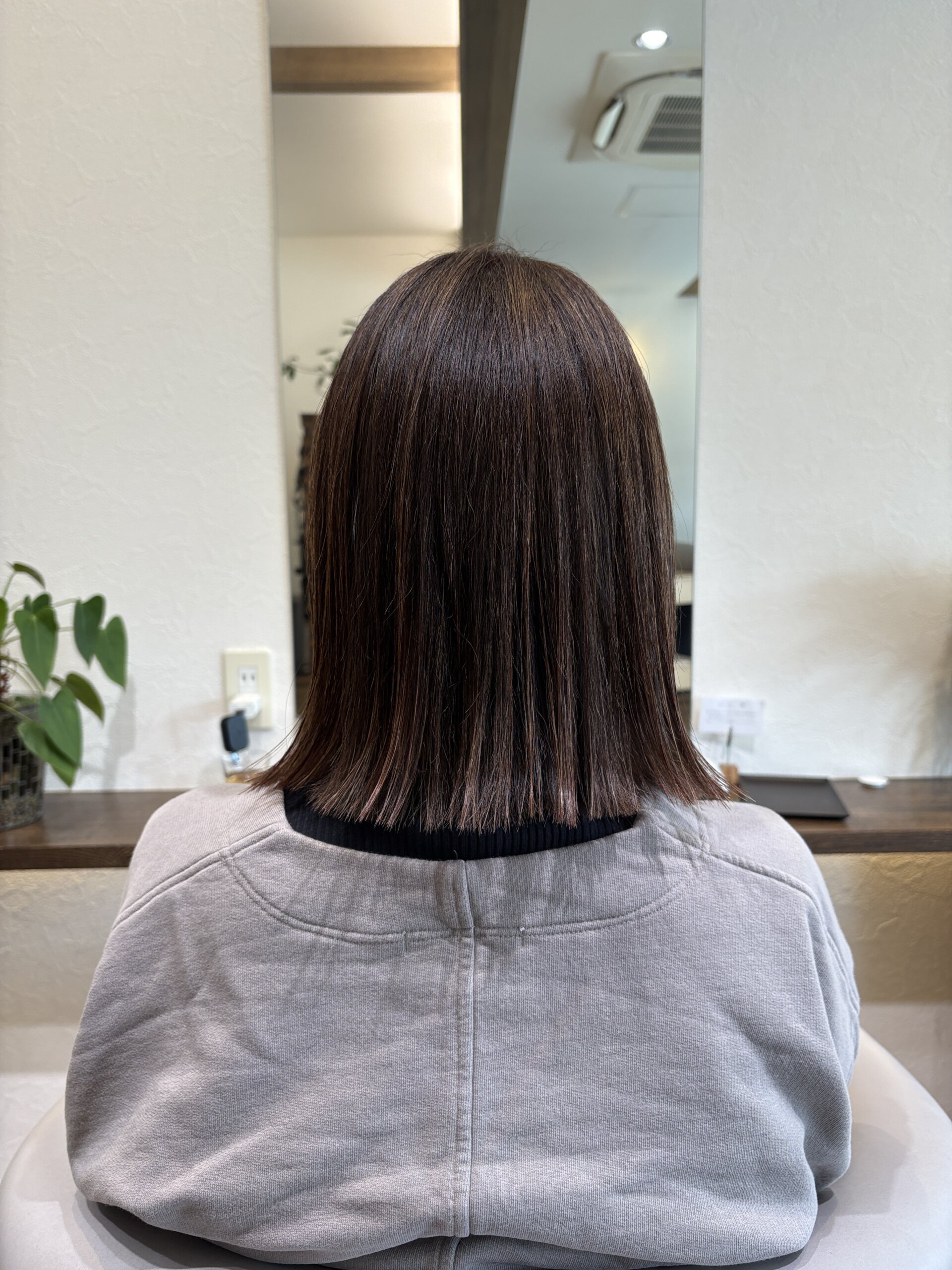 切りっぱなしボブ 後ろ姿 ツヤ感ナチュラルブラウン