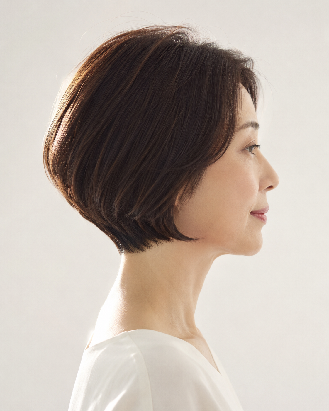 後頭部の丸みと襟足のおさまりで整った大人ヘアのエッグシェイプシルエット