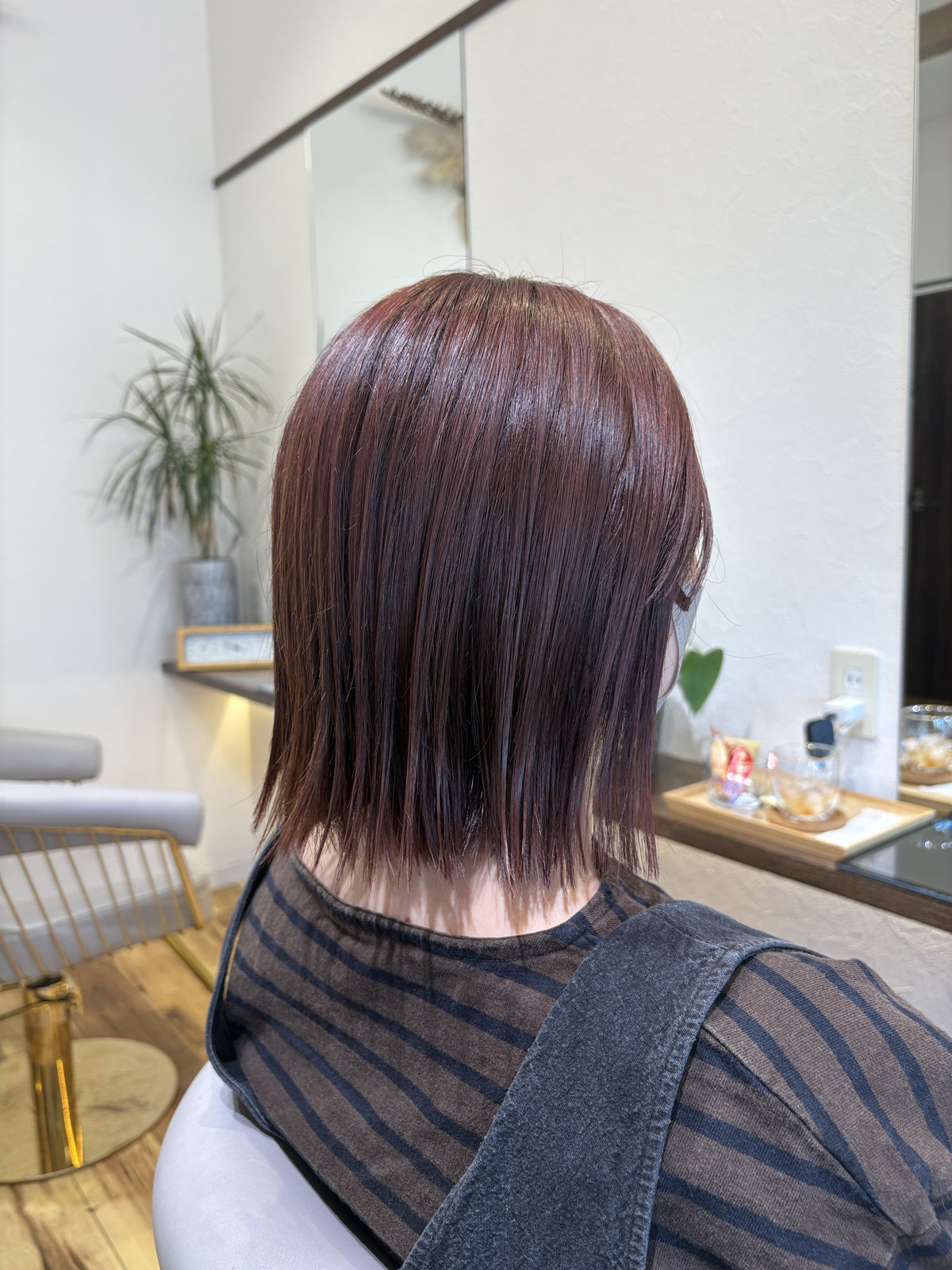 Umito 深みレッド 切りっぱなしロブ 後ろ姿 ツヤと色味