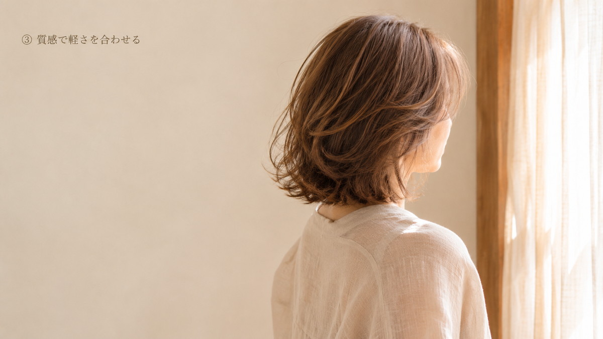 リネンやシアー素材の軽やかな装いに、束感とエアリーな動きのある髪質感を重ねた後ろ姿