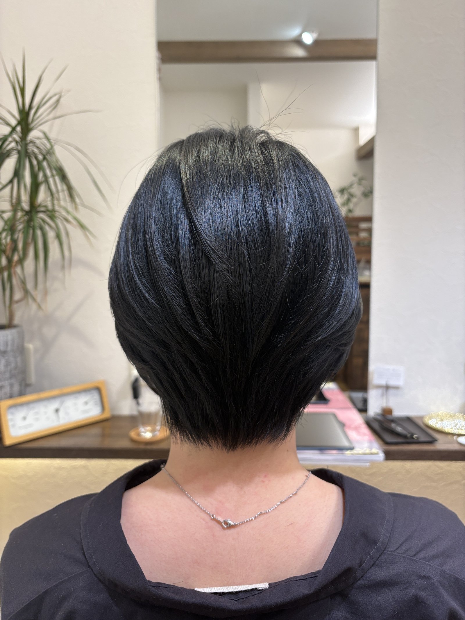 光が一本の線になって走る黒髪のツヤ感|丸みと襟足のコントラストが美しい後ろ姿、真後ろ