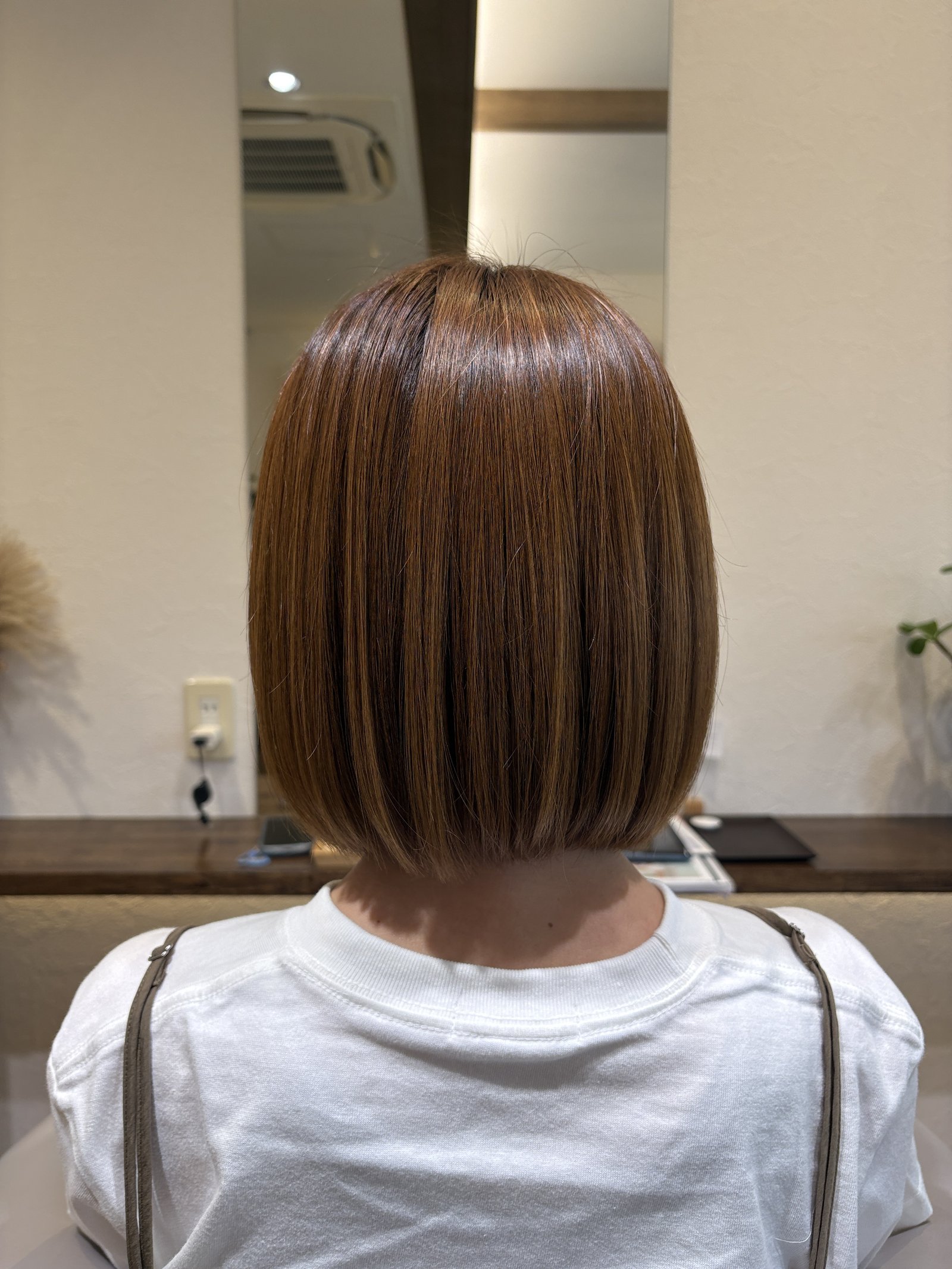面でそろえたワンレングスが光を返す｜あご下の長さで首もとすっきり、真後ろ