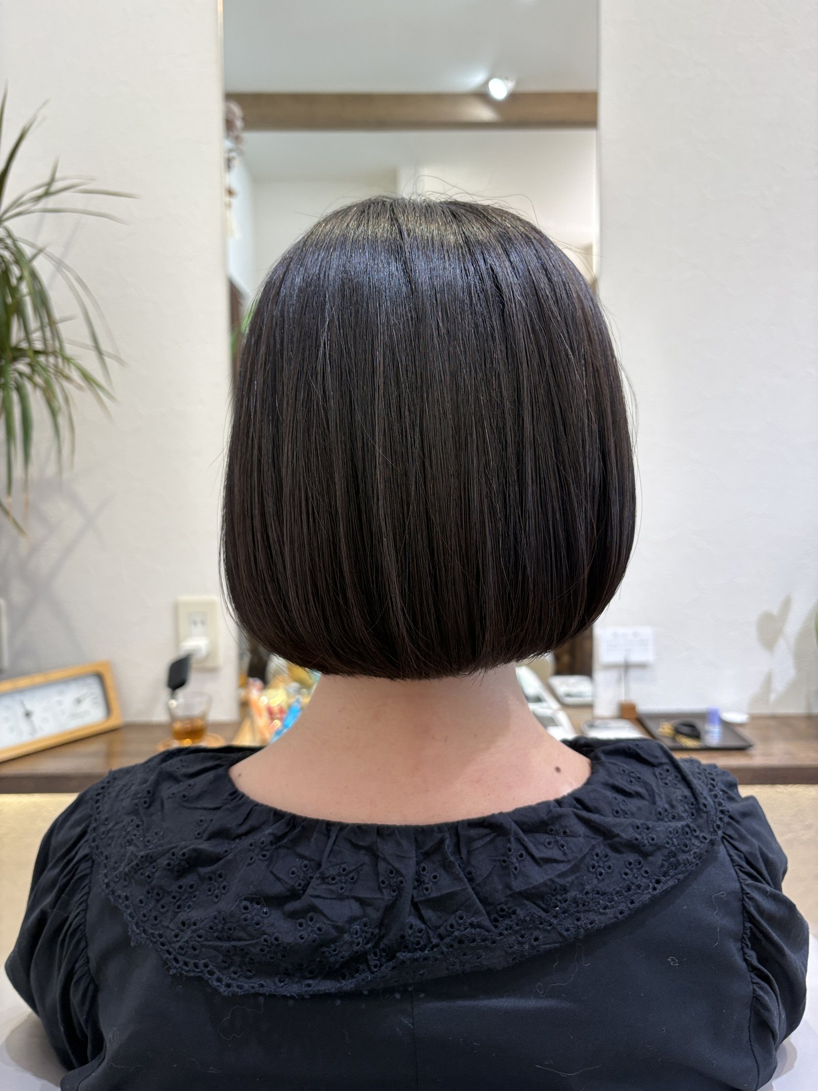 真後ろから見た丸みフォルム|厚みを残しながらもコンパクトにおさまる暗髪ボブ
