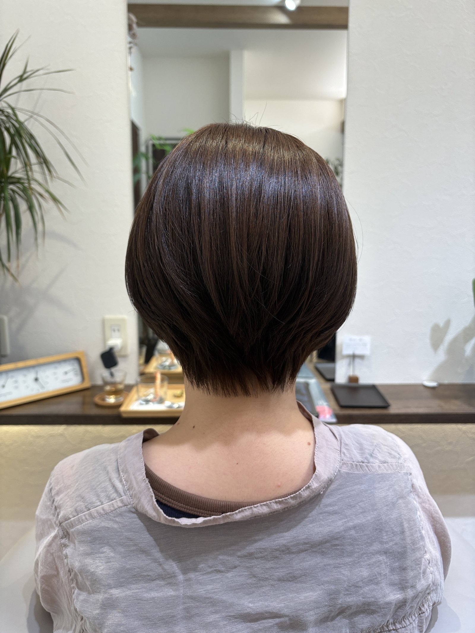 襟足をすっきり整えた丸みショートボブの後ろ姿、真後ろ