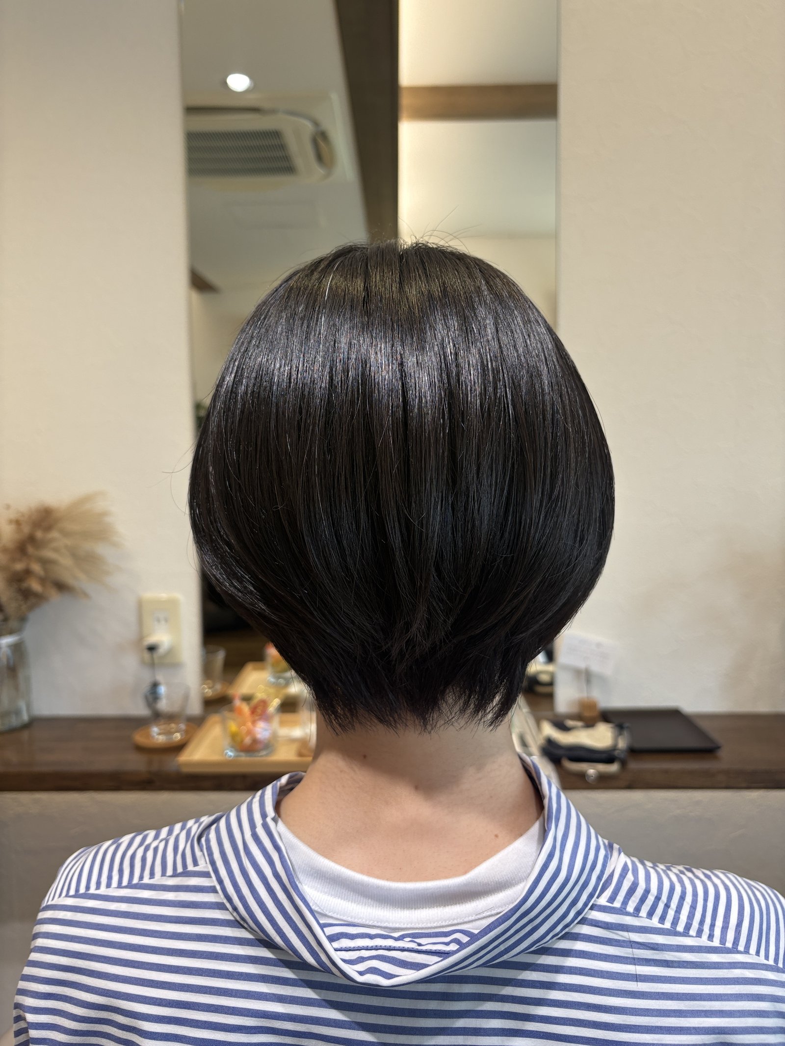 まん丸すぎない上品な丸みと、キュッと締まったえり足|首すじがきれいに見える黒髪ショートボブ、真後ろ