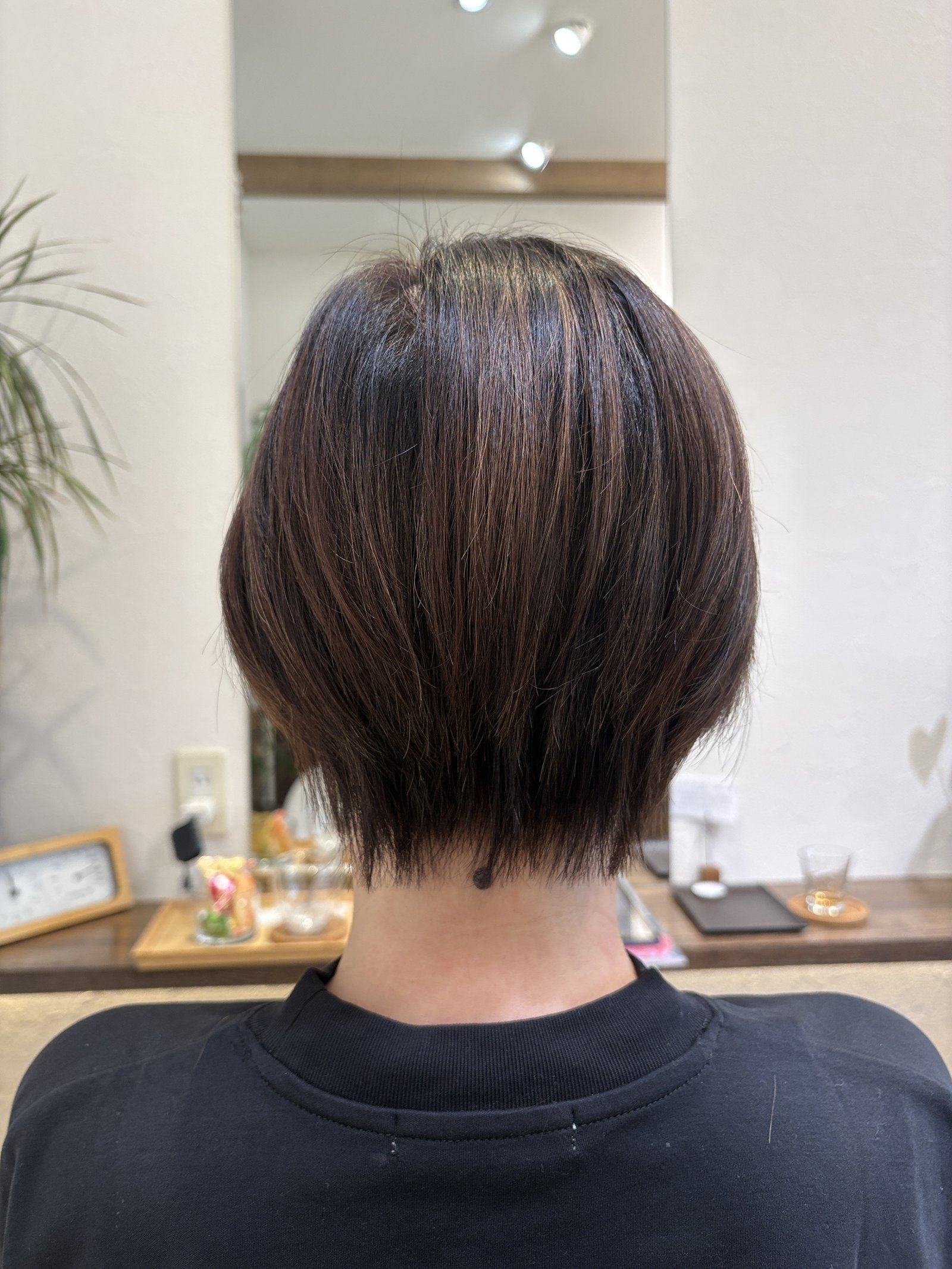 後頭部の丸みと襟足のくびれ|光の筋が奥行きを作る丸みショートボブ、真後ろ