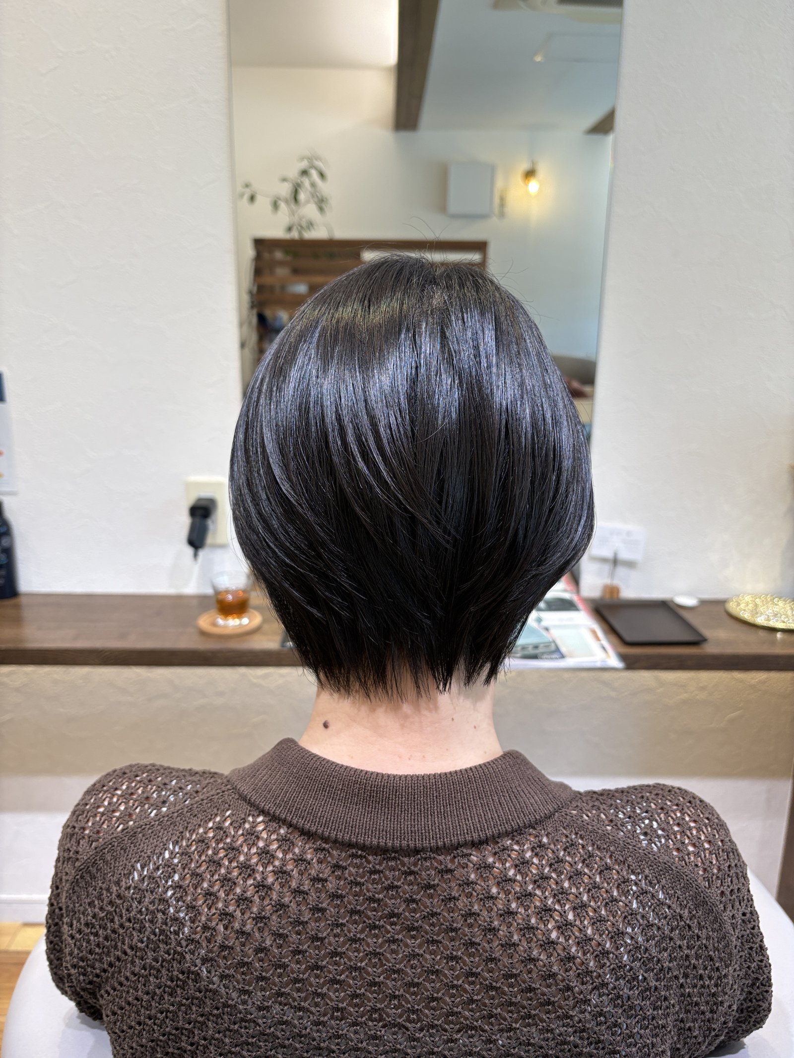 ふんわり丸い後頭部と短くととのえた襟足|黒髪のツヤが際立つコンパクトショートを真後ろから