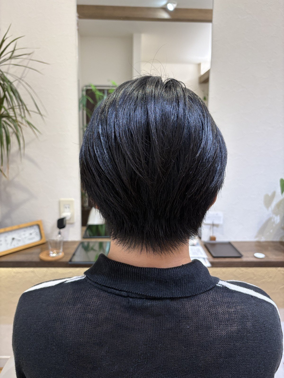 真後ろから見た丸みショート=襟足すっきりのシルエット
