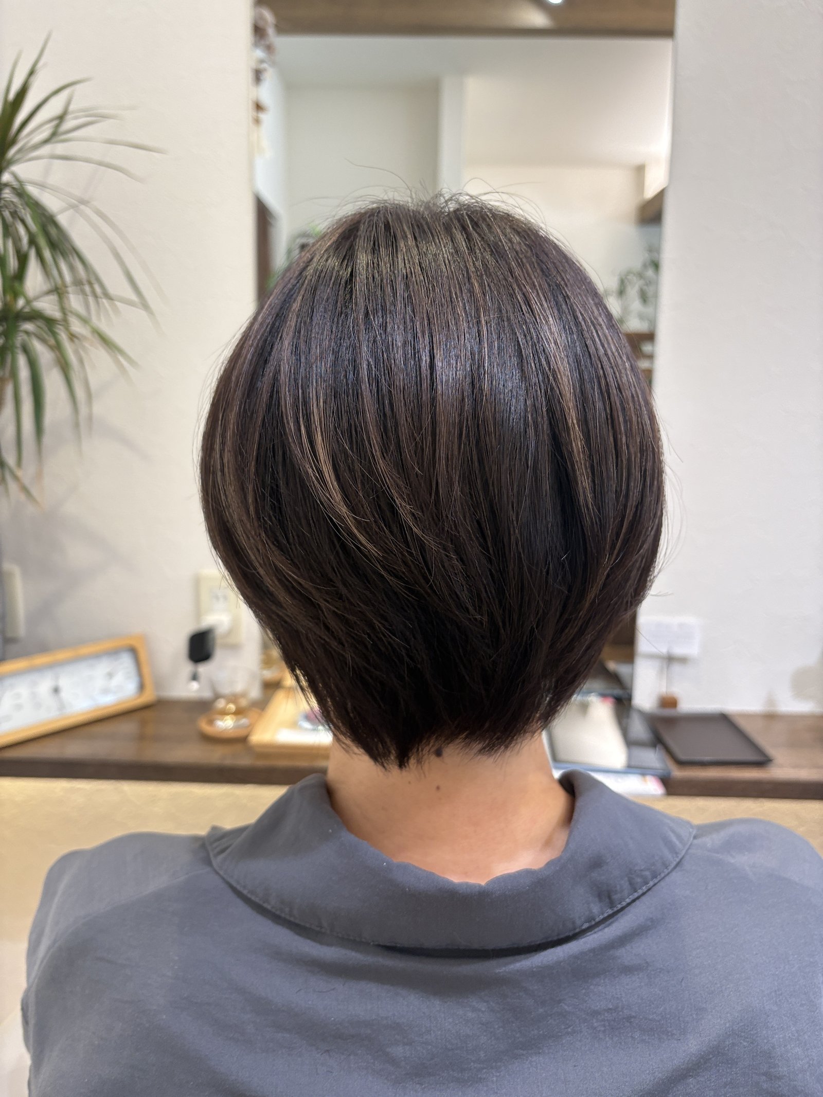 真後ろから見たダークブラウン丸みショートボブ=後頭部の丸みと襟足すっきりのシルエット