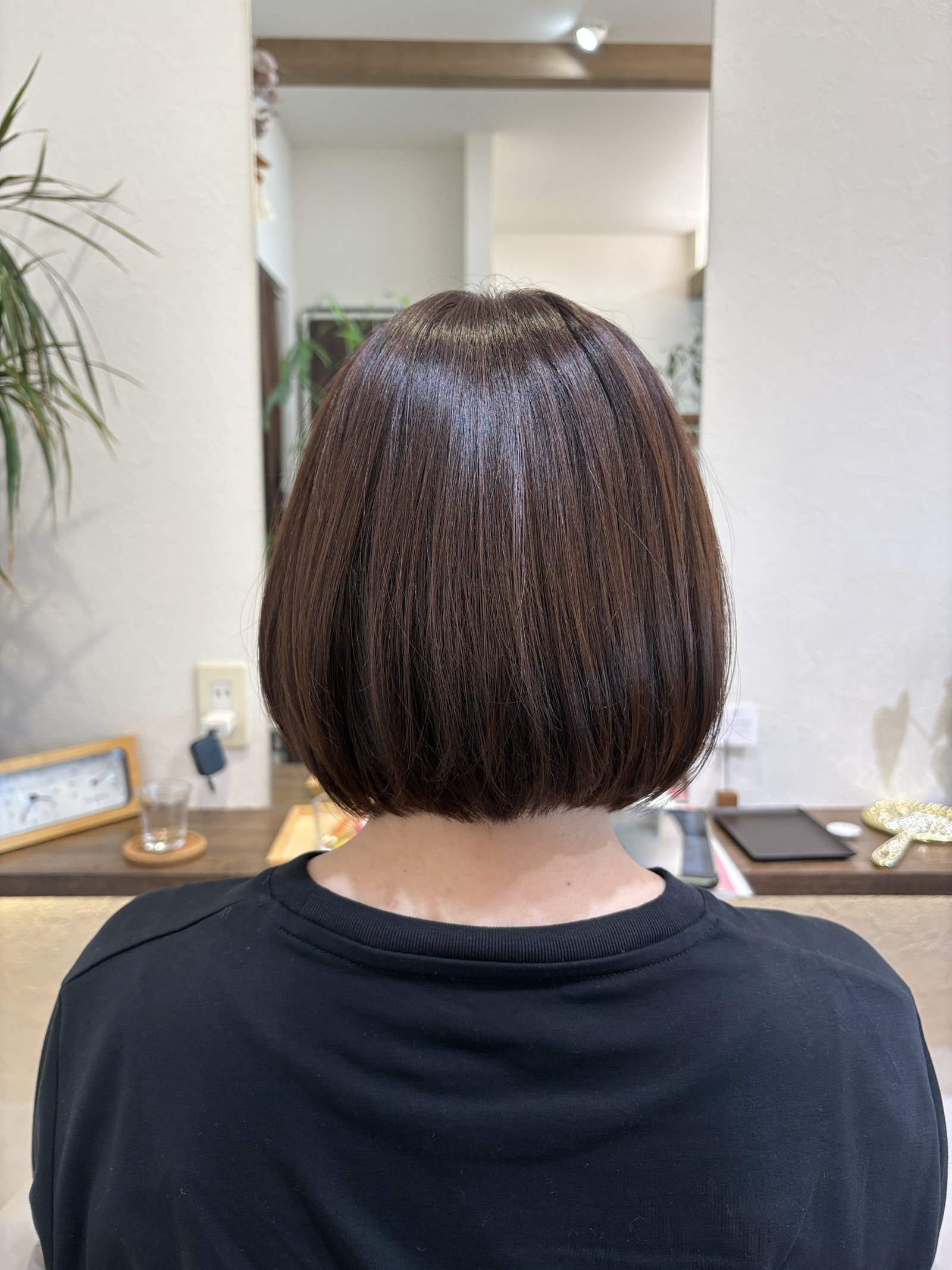 真後ろから見たショコラベージュの重めグラデーションボブ＝重みを残した毛先のラインと、後頭部のふんわりとした丸み