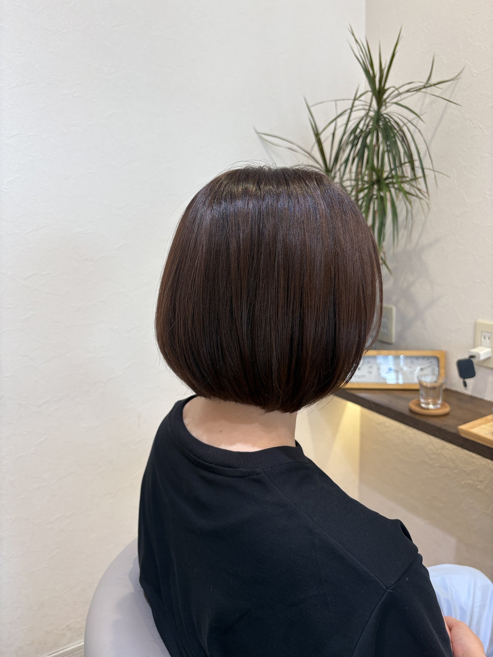 斜め後ろから見たショコラベージュのグラデーションボブ＝後頭部の丸みと、首に沿ってすっきり収まる襟足のライン