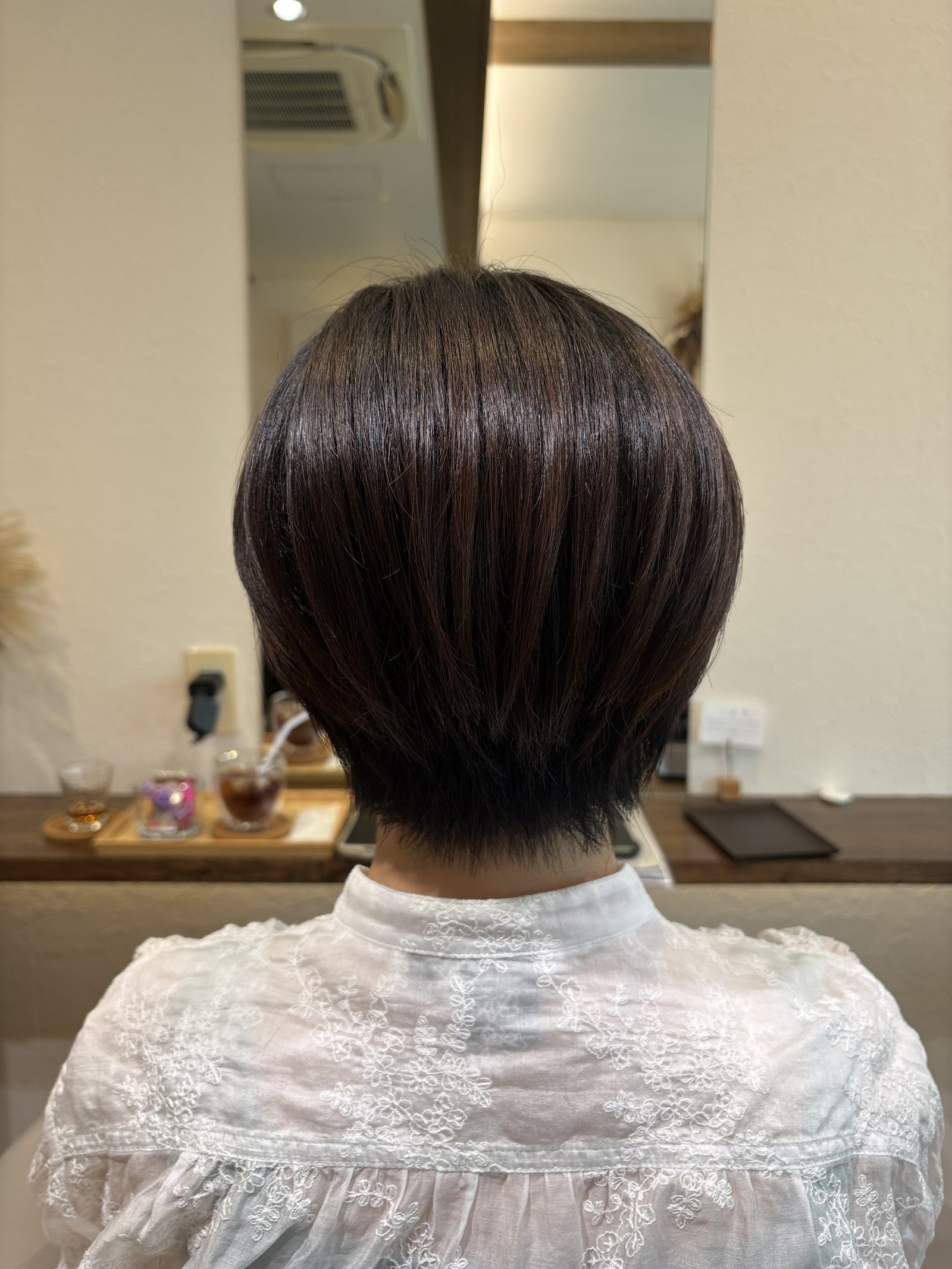 真後ろから見たダークブラウンの丸みショートボブ=左右対称のシルエットと、面がそろって光を反射する落ち着いたツヤ
