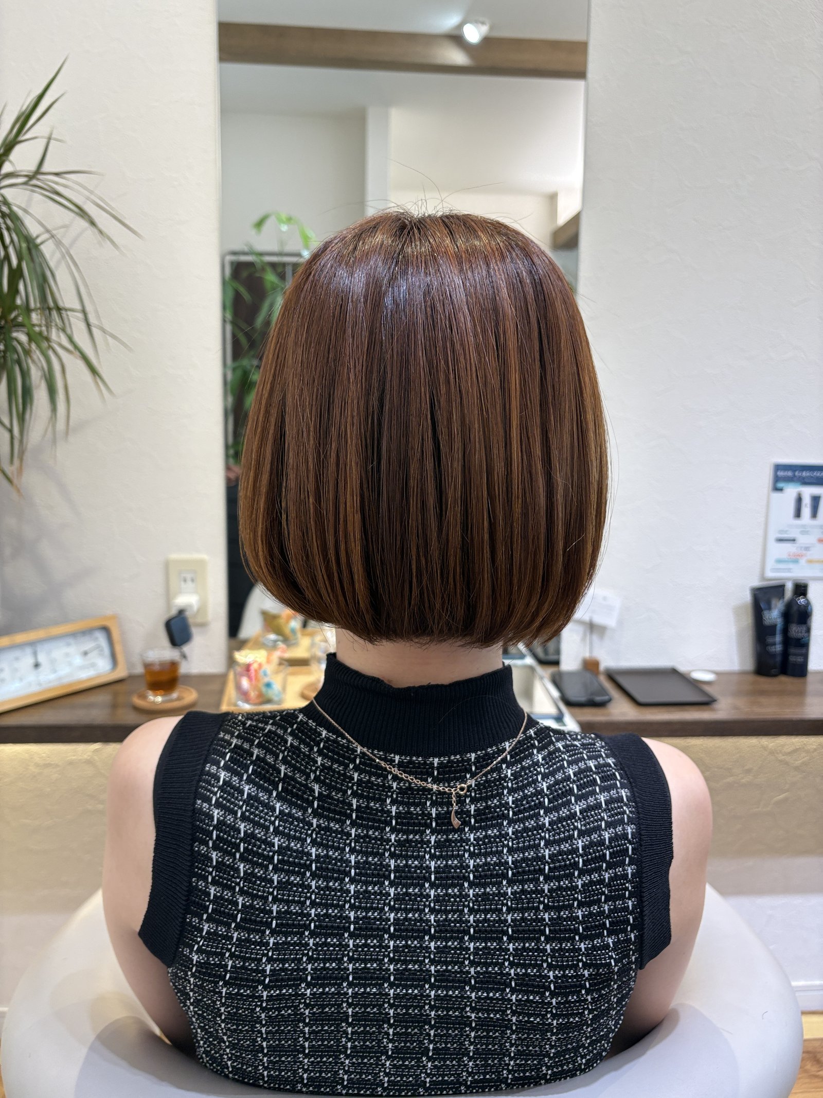 酸性ストレートで整えた前上がりの丸みボブ｜後ろの中心に重さを残した、丸いシルエット／真後ろから