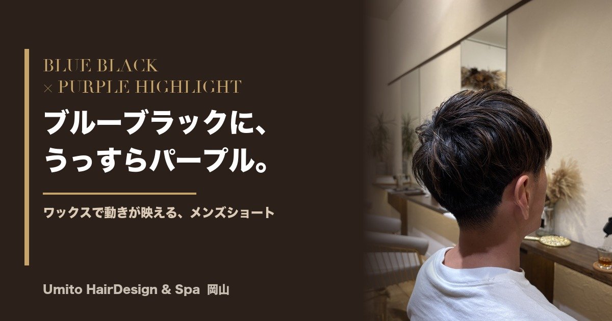 ブルーブラックに、うっすらパープルのハイライト。ワックスで動きが映える、メンズショート