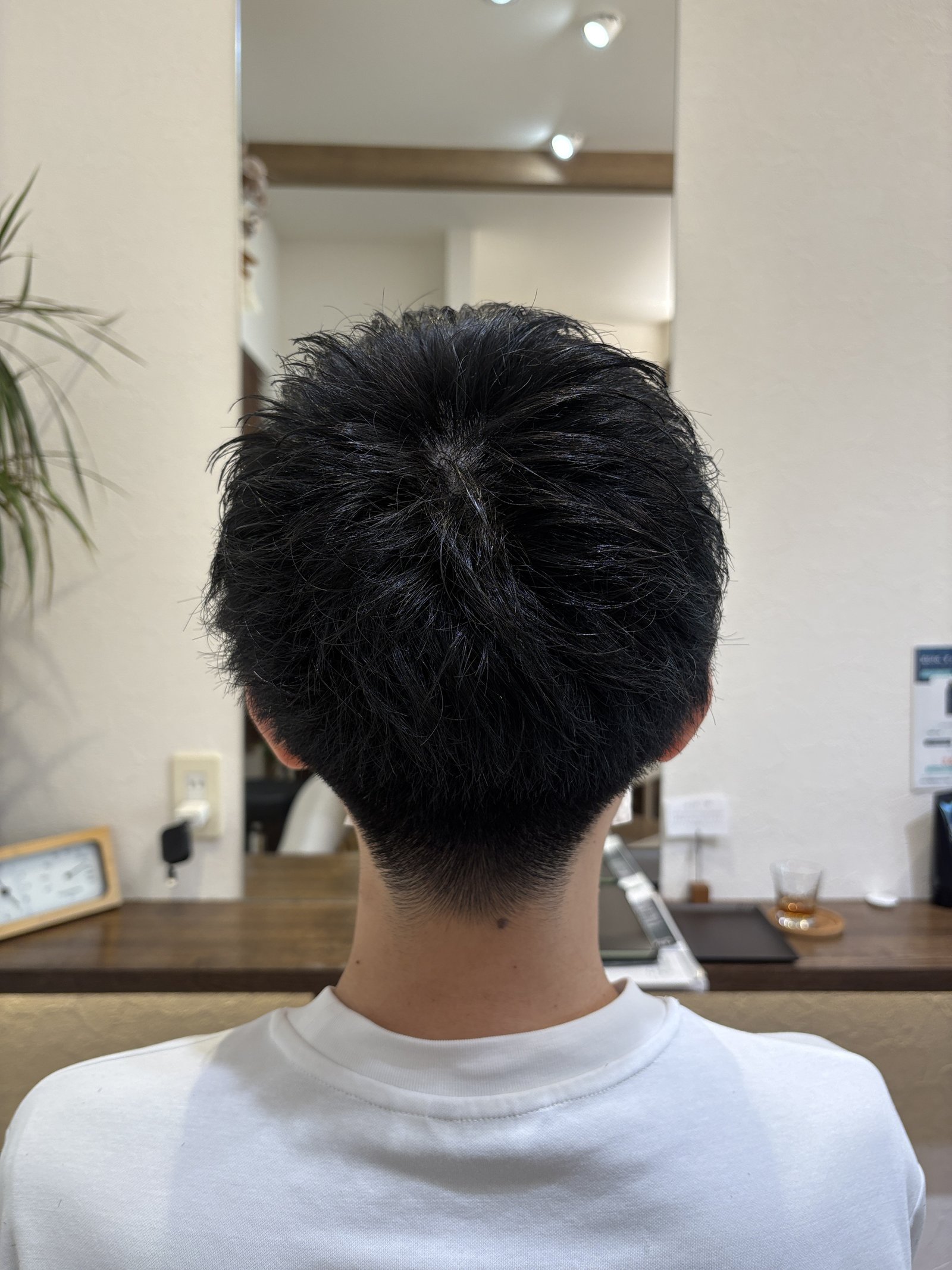 えり足グラデーションのメンズショート|後頭部の丸みと、首もとへ向かって短くなる刈り上げを真後ろから